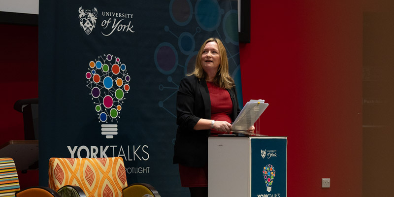 Public engagement is an important part of the work our staff carry out. We regularly speak at events such as YorkTaks, an annual public lecture series. The image shows Professor Lorraine Farrelly, Head of the York School of Architecture.
