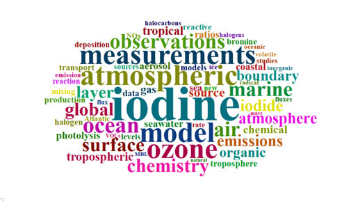 Word cloud reads from largest text to smallest: Iodine, atmospheric,model, global, measurements, observations, ocean, ozone, chemistry, surface, emissions, air, atmosphere, marine, layer. Word cloud reads from largest text to smallest: Iodine, atmospheric,model, global, measurements, observations, ocean, ozone, chemistry, surface, emissions, air, atmosphere, marine, layer.