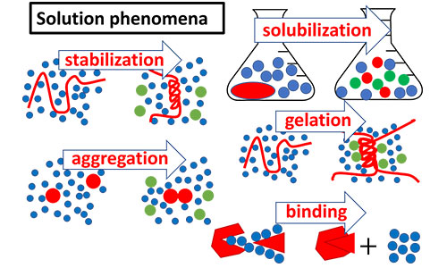 Text reads: Solution phenomena, stabilisation, aggregation, solubilisation, gelation, binding, from molecular to mesoscale, with varying degree of aggregation. Text reads: Solution phenomena, stabilisation, aggregation, solubilisation, gelation, binding, from molecular to mesoscale, with varying degree of aggregation.